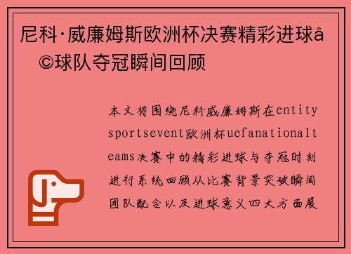 尼科·威廉姆斯欧洲杯决赛精彩进球助球队夺冠瞬间回顾